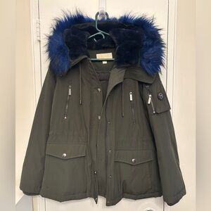 Michael Kors Olive Jacket with Blue Fur Trim